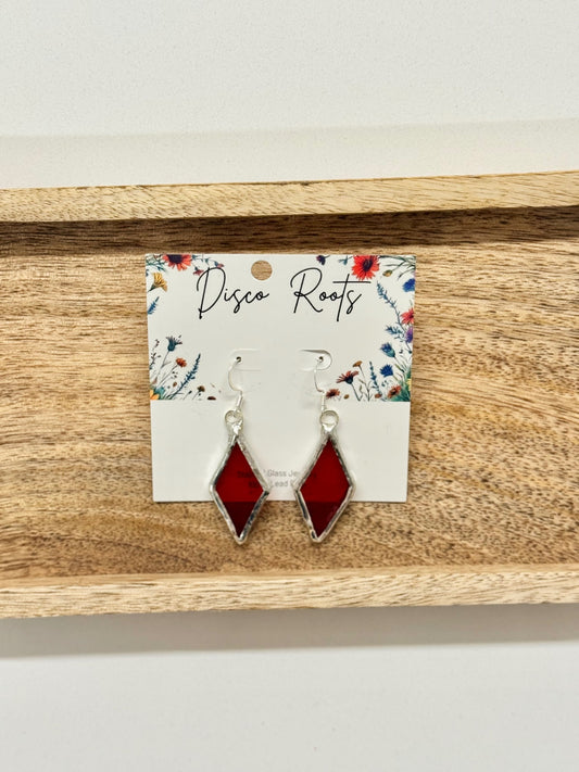 057 - Handmade Red Stained Glass Diamond Dangle Earrings – Nickel Free