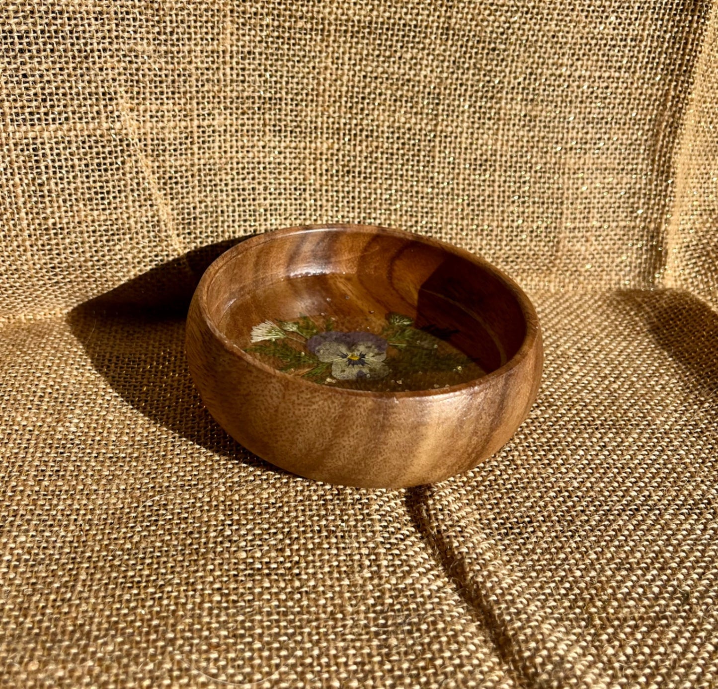 017 - Round Wooden Trinket Bowl with Dried Floral Resin Inlay