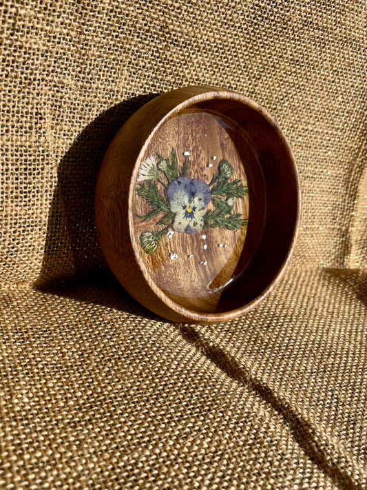 017 - Round Wooden Trinket Bowl with Dried Floral Resin Inlay