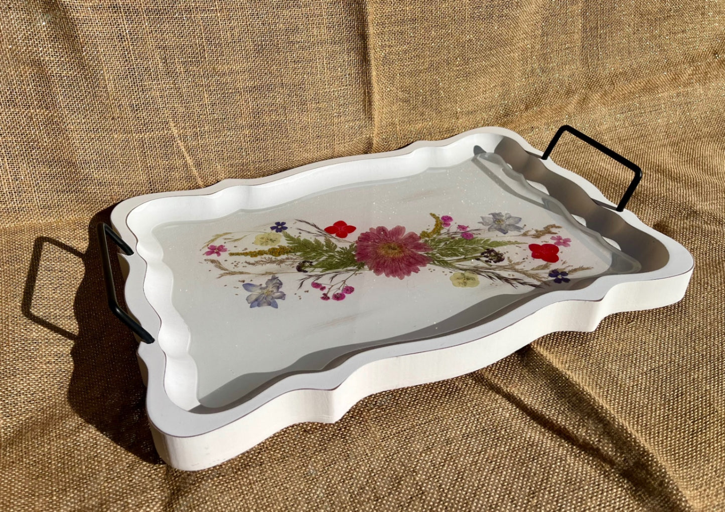 017 - Farmhouse Style Wood Serving Tray with Dried Floral Resin Inlay