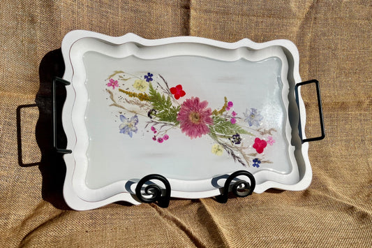 017 - Farmhouse Style Wood Serving Tray with Dried Floral Resin Inlay