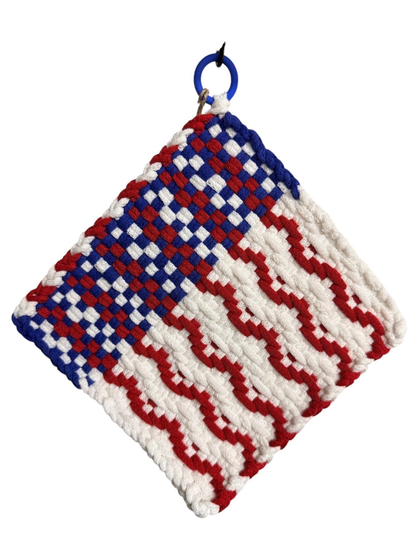 051 - Red, White and Waved Loom Woven Potholder