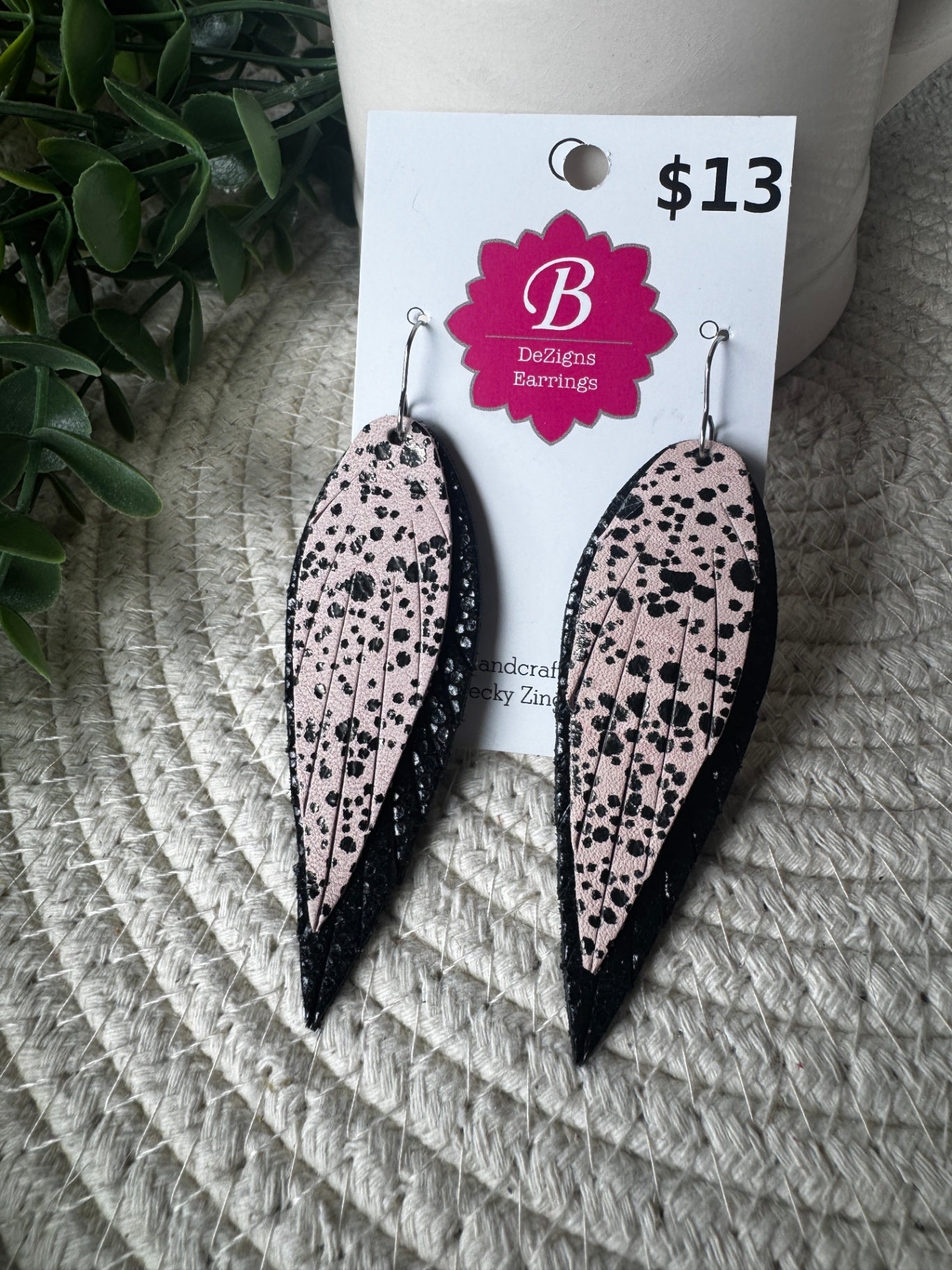 071 - Blush & Metallic Black Speckled Layered Feather Earrings