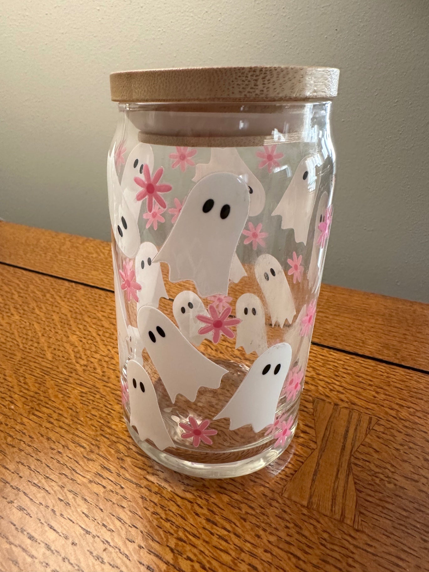 059 - Flower Ghost 16oz Glass Can Cup with Straw