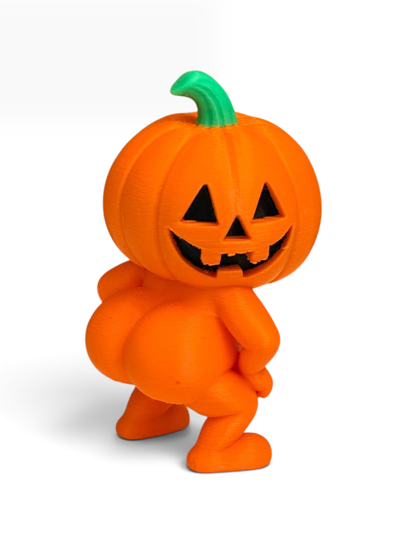 An 3d printed orange jack-o'-lantern-shaped figure with green stem standing turned around showing his butt, standing on a white background.