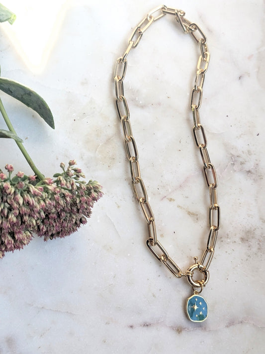 072 - Chunky Chain Enameled Charm Necklace with Front Toggle Clasp – Statement Layering Jewelry