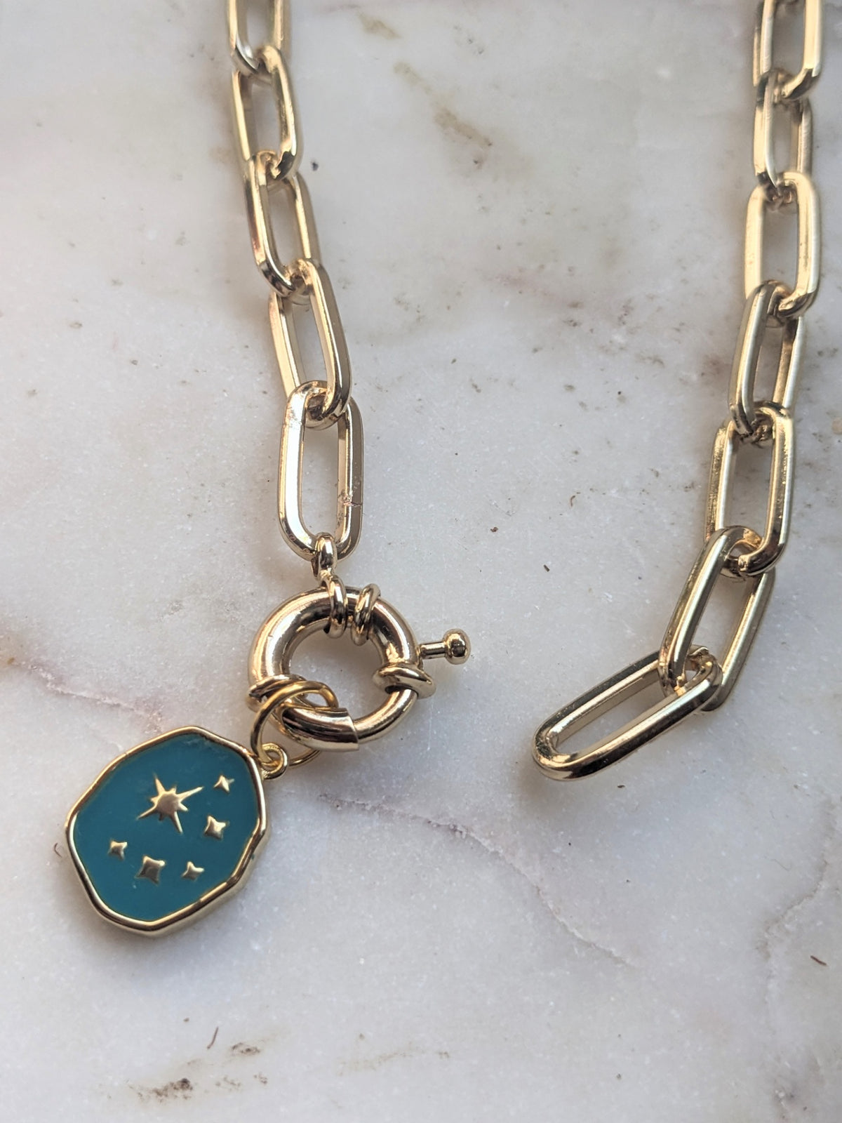 072 - Chunky Chain Enameled Charm Necklace with Front Toggle Clasp – Statement Layering Jewelry