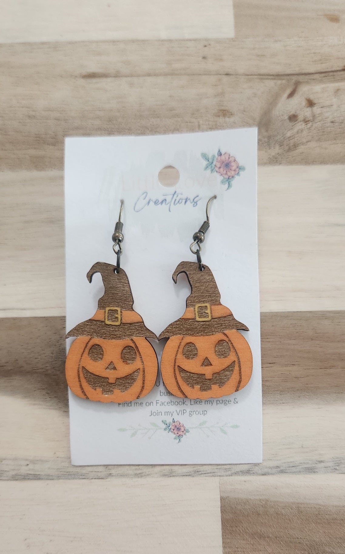 011 - Hand-painted Wooden Pumpkin Witch Dangle Earrings