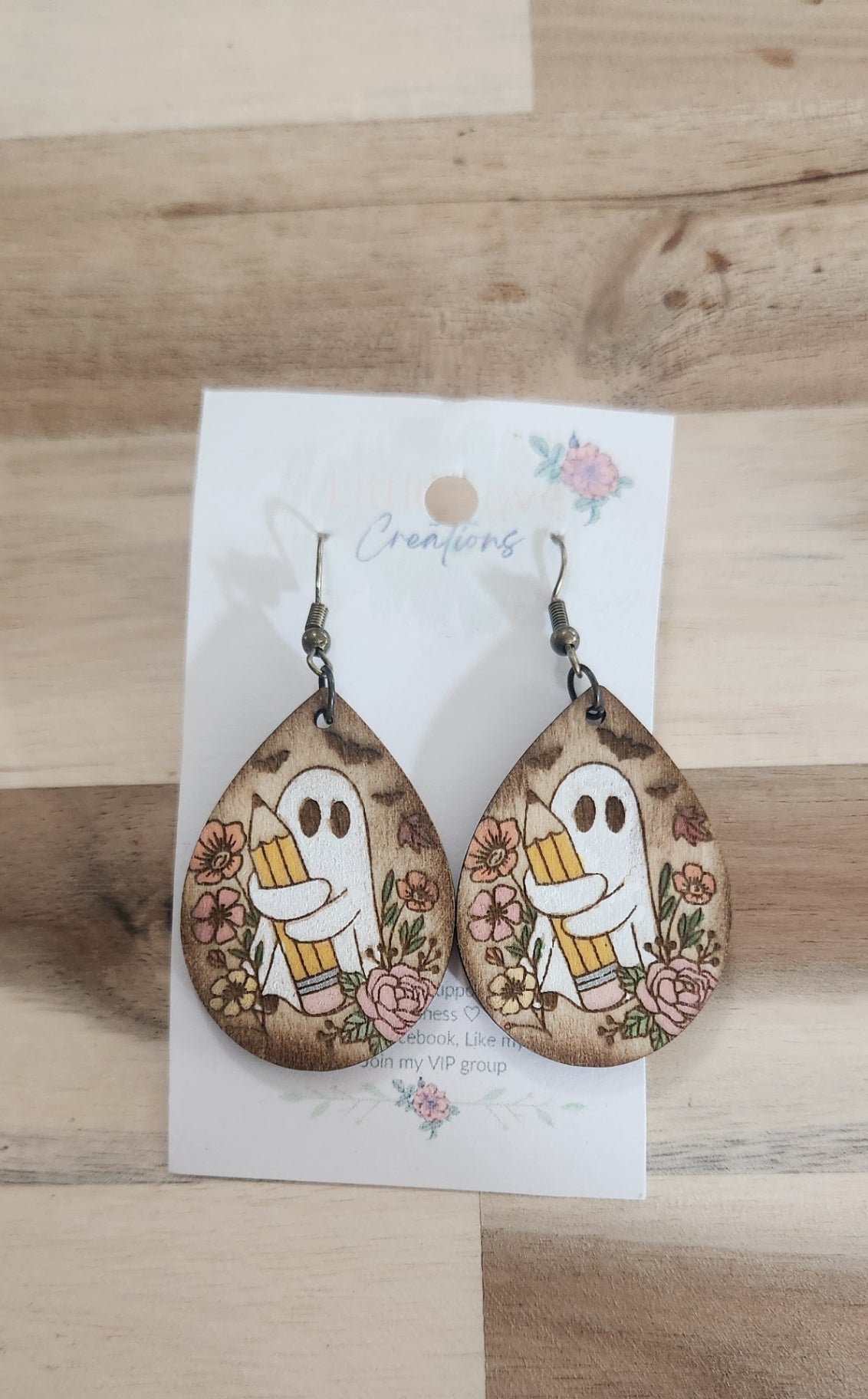 011 - Hand-painted Wooden Teacher Ghost Dangle Earrings