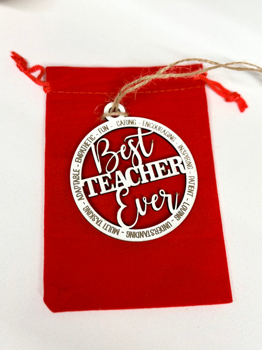 Best Teacher Ever Ornament with Velvet Gift Bag