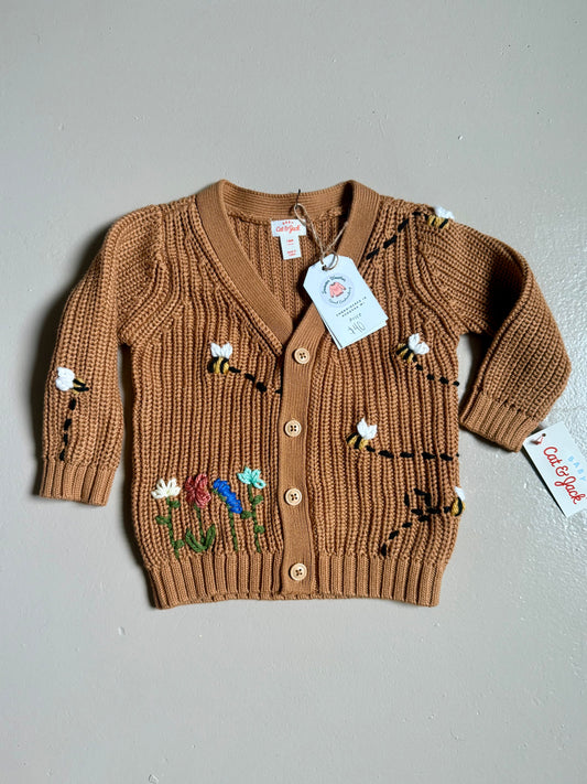 033 - Brown Floral Bee Embroidered Cardigan 18 Months