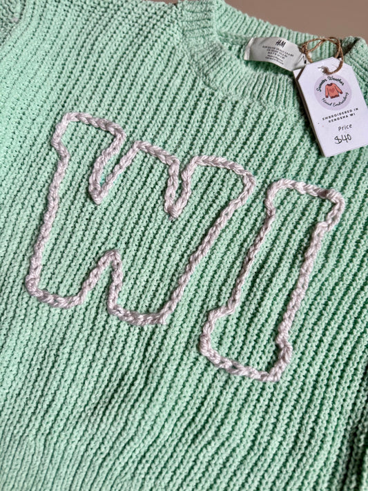 033 - Turquoise Embroidered WI Pride Sweater Size 6-7 Girls