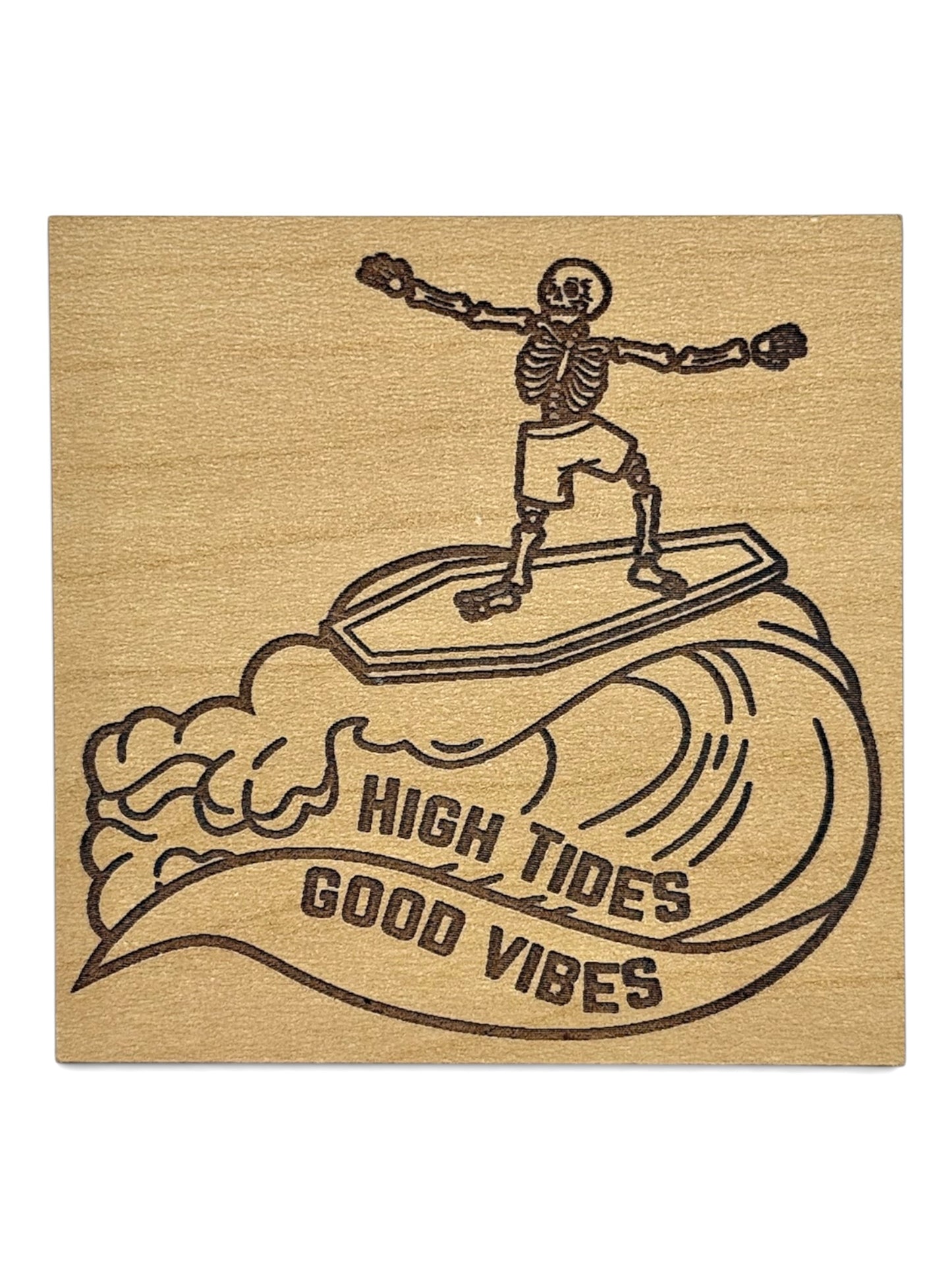 High Tides, Good Vibes Skeleton Surfer Wooden Magnet