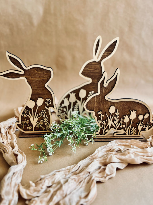 Farmhouse Wooden Floral Easter Bunny Shelf Sitter | Rustic Wood Home Decor | Maxilyn House