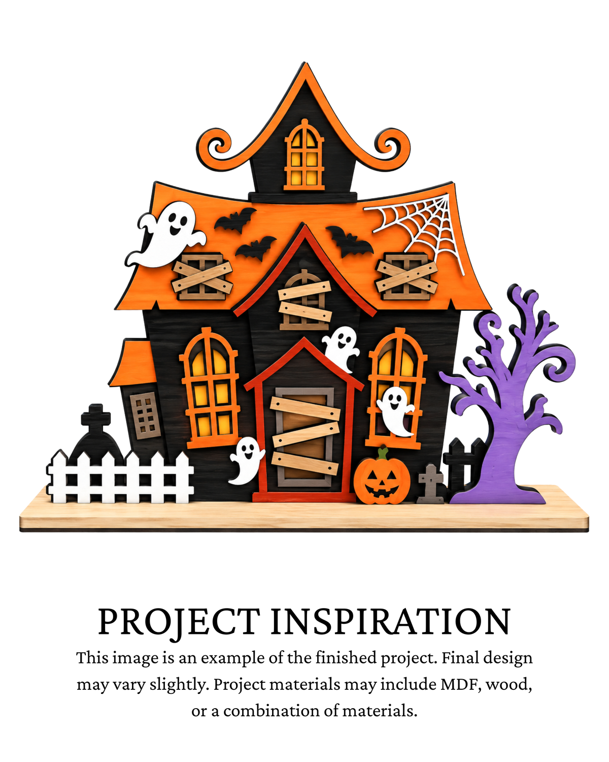 A Halloween haunted house craft project design with layered orange roof, black house body, white ghosts, purple tree, white picket fence, and orange jack-o'-lantern on a light wood base. Text below reads 'PROJECT INSPIRATION' with material notes.