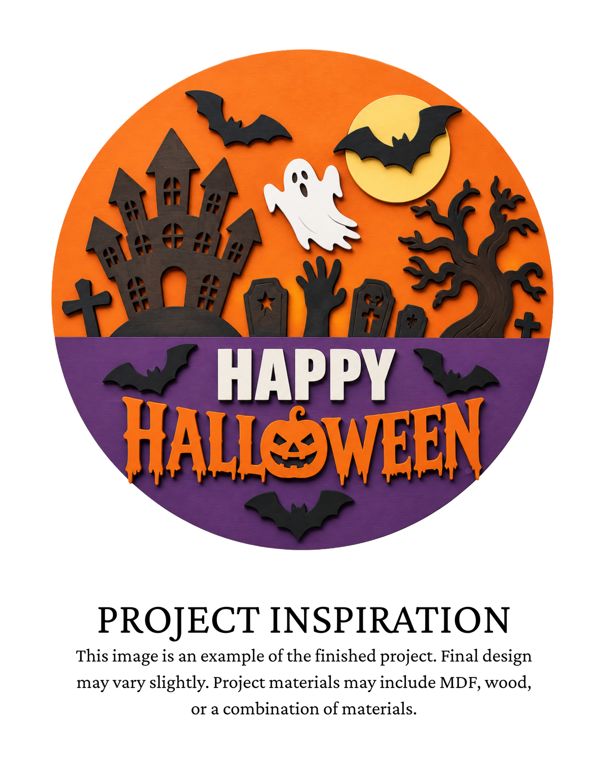 Project inspiration photo for the Haunted House Halloween DIY round door sign with haunted house, ghost, bats and moon.