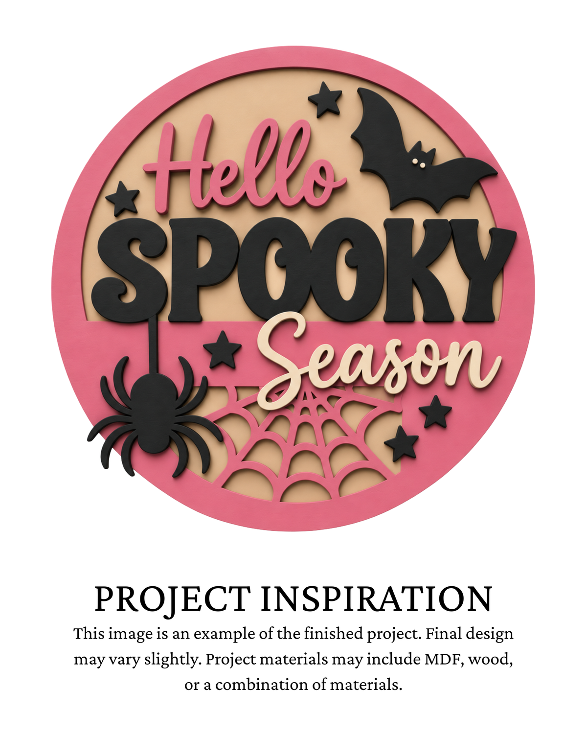 Project inspiration photo for the Hello Spooky Season DIY round door sign with bats, spider, spiderweb and Halloween lettering.