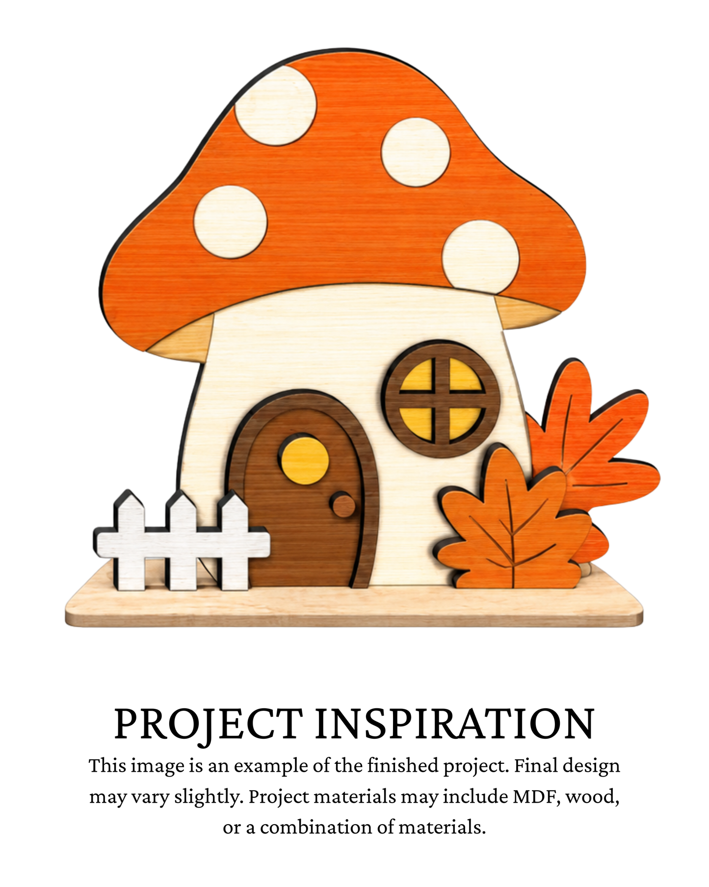 Finished project example of a layered mushroom fairy house shelf sitter with an orange spotted mushroom cap, rounded door, window, fence and fall leaves. Text below reads “PROJECT INSPIRATION,” describing it as a finished project example.