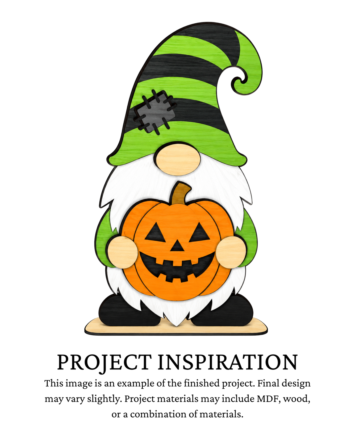 A Halloween gnome craft design with a green and black striped hat, white beard, orange pumpkin, and black shoes, shown above text that reads 'PROJECT INSPIRATION' on a white background.