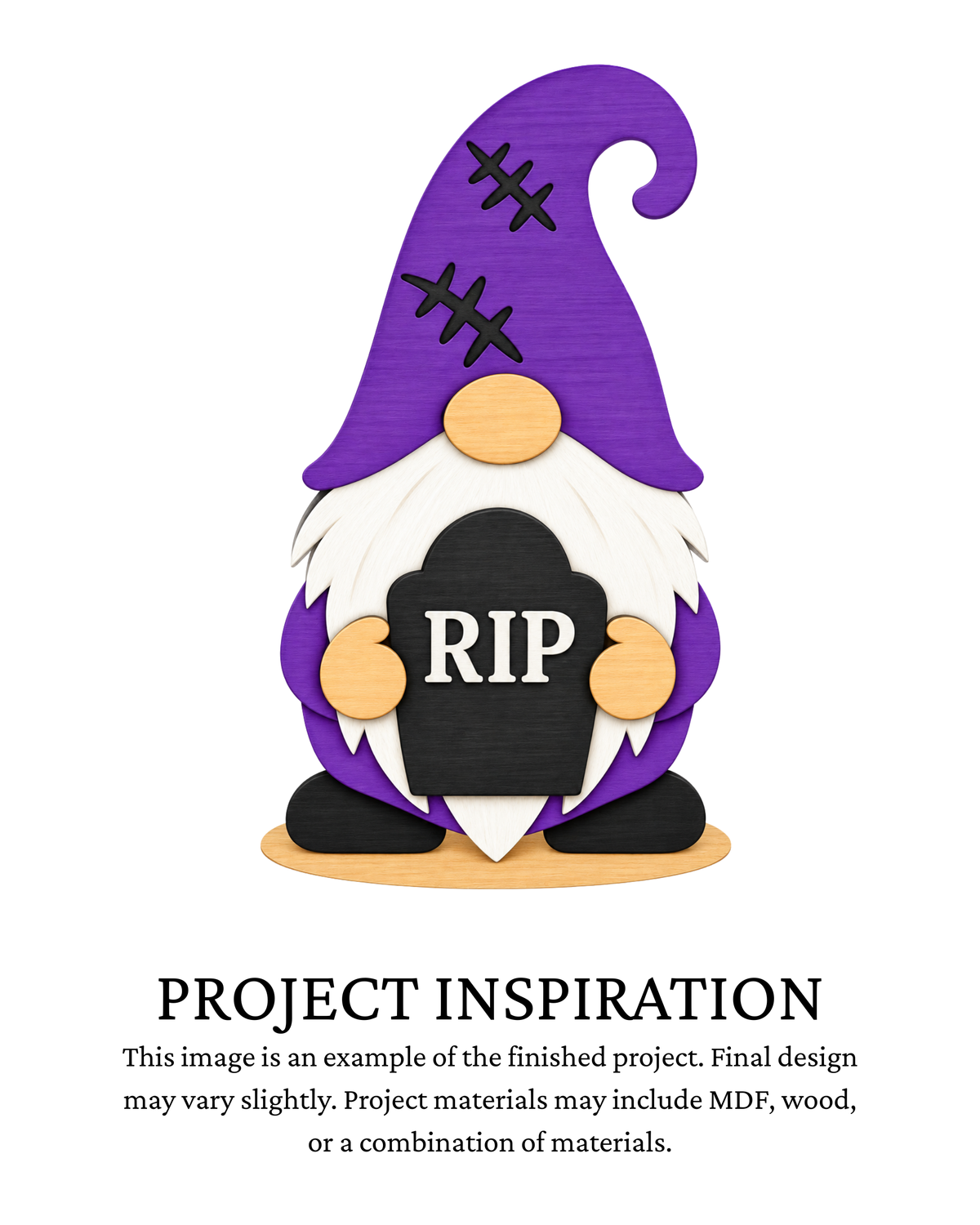 A Halloween-themed gnome decoration with a purple pointed hat, white beard, black shoes, and a black RIP sign, shown above text that reads 'PROJECT INSPIRATION' on a white background.