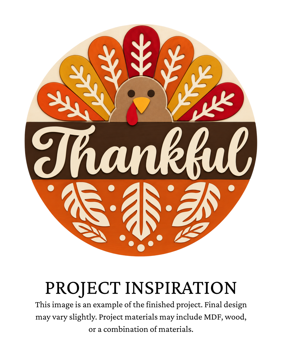 Layered round Thanksgiving sign featuring a colorful turkey, Thankful lettering and decorative autumn leaves, designed as a DIY painting project.