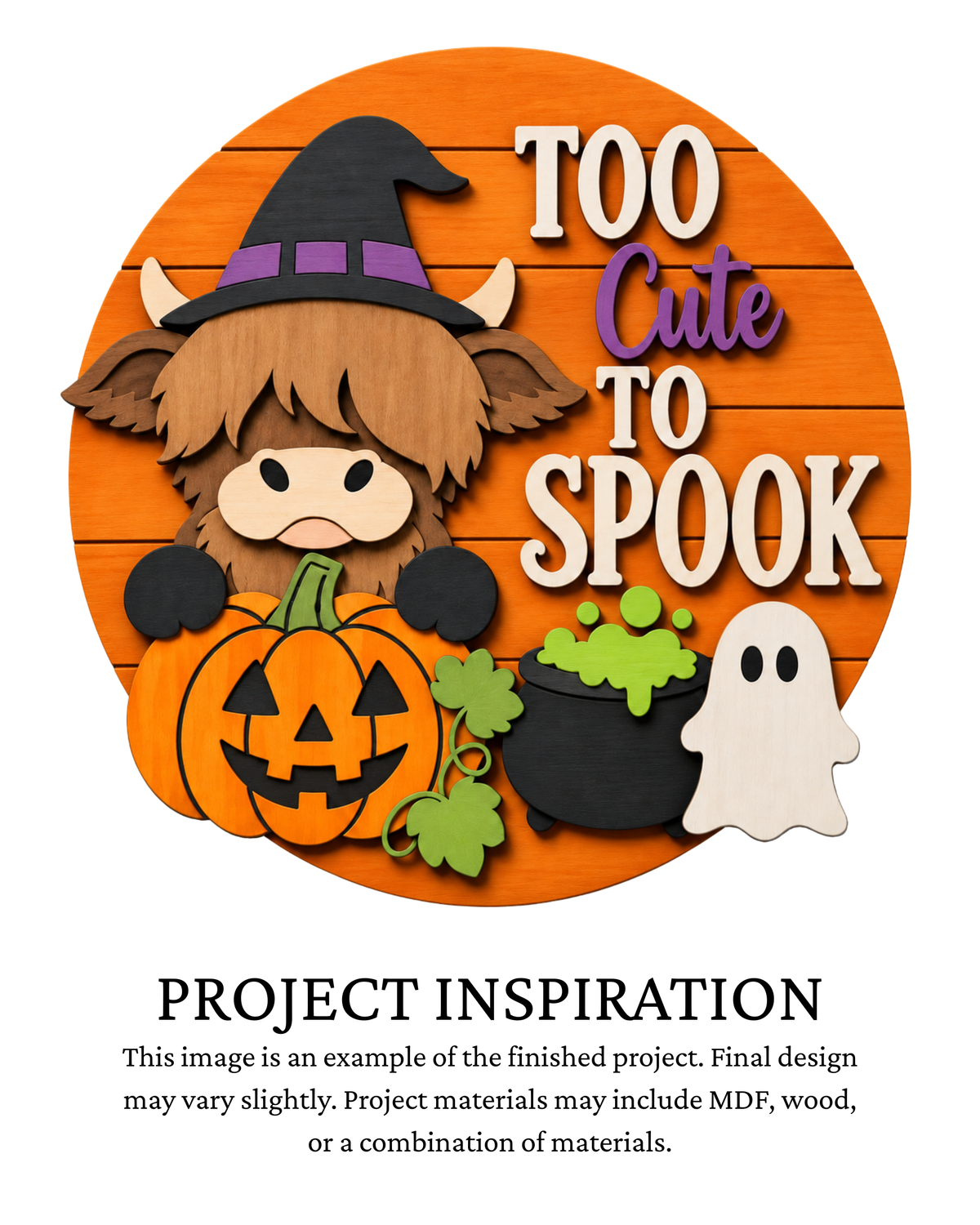 Project inspiration photo for the Too Cute to Spook DIY round door sign with scarecrow, pumpkin and ghost.