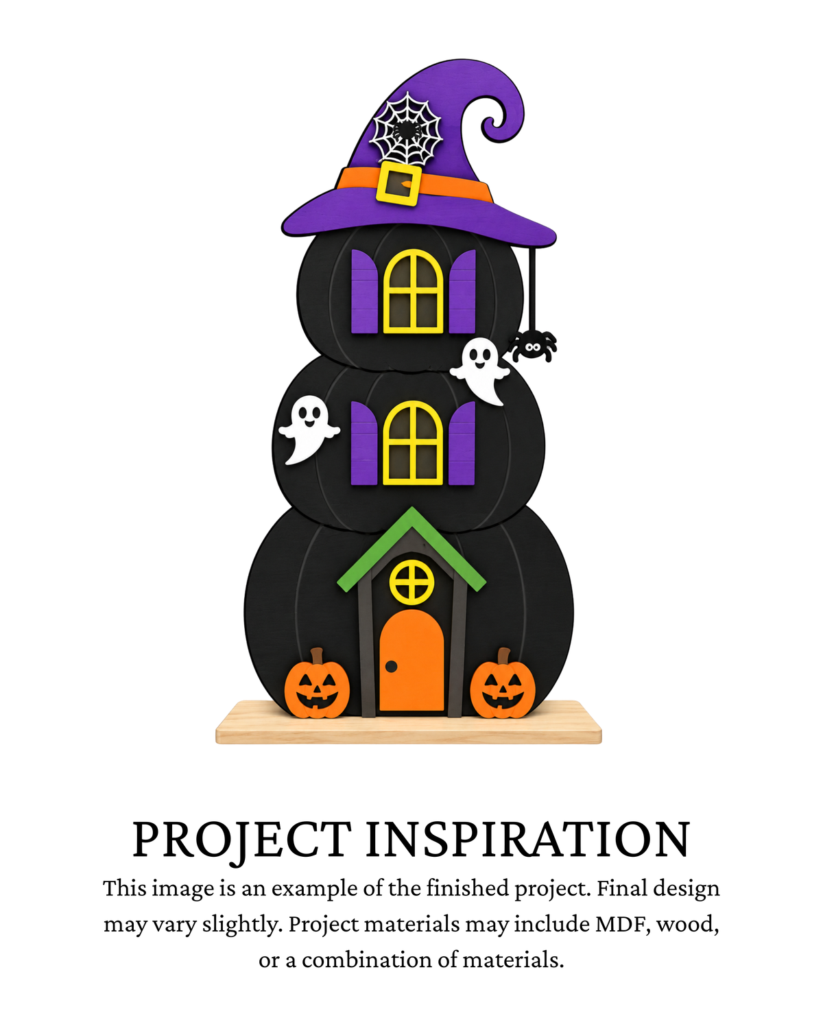 Project inspiration photo for the Witch Hat Stack DIY shelf sitter with three stacked witch hats, ghosts and pumpkins.