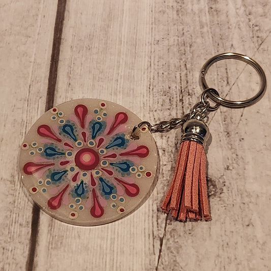 Hand-painted Mandala Keychain White with Pink Tassel 