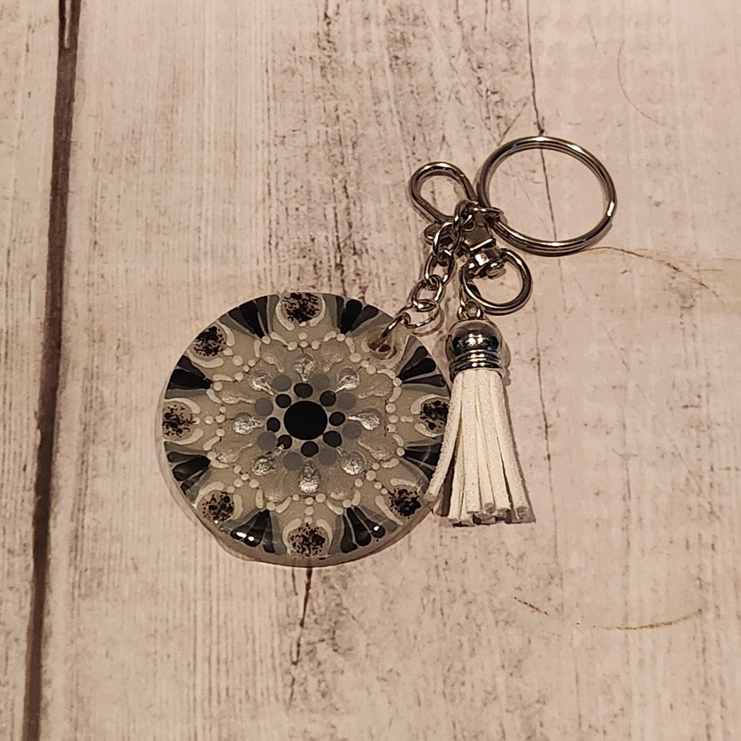 Hand-painted Mandala Tassle Keychain Black & White | Handcrafted Collective