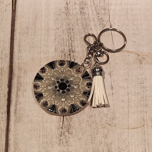 Hand-painted Mandala Tassle Keychain Black & White | Handcrafted Collective