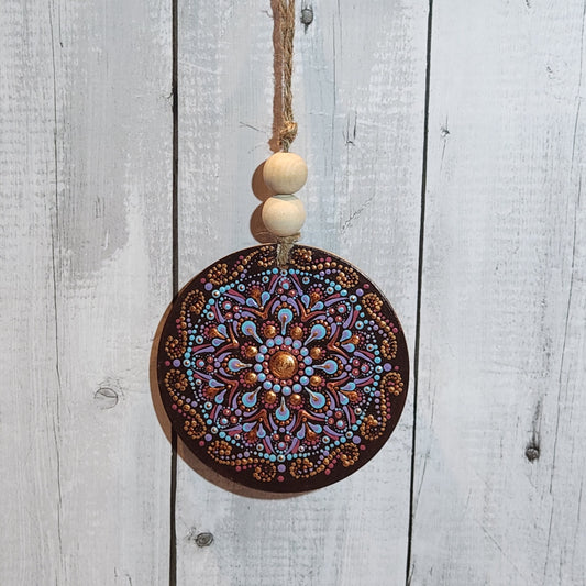 Hand-painted Mandala Wood Ornament Multi colored Metallic Wall Hanging 