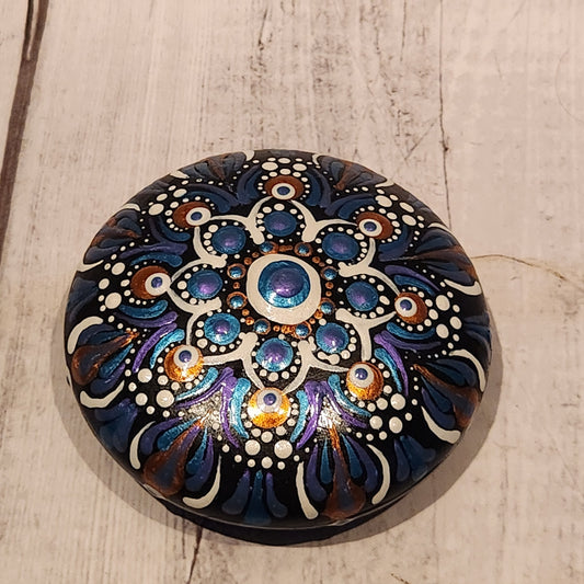 Hand-painted Mandala Stone Paper Weight Multi Colored Metallic 