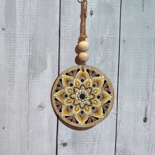 Hand-painted Mandala Wood Ornament Multi-colored Natural Flower Wall Hanging
