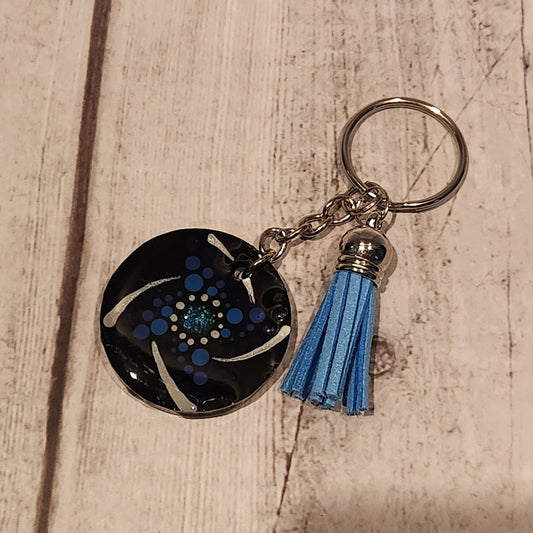 Hand-painted Mandala Keychain Small Blue Tassel 