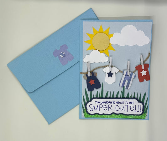 New Baby Boy "Cute Laundry" Layered Paper Baby Shower Card