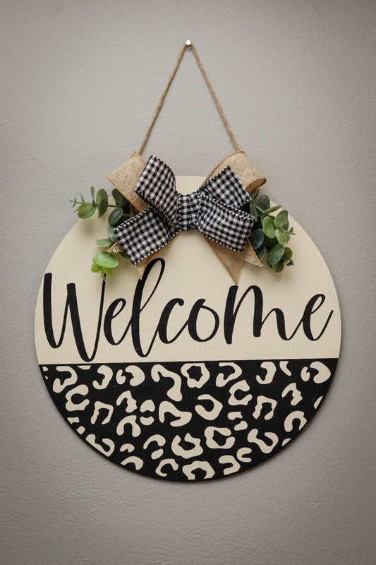 "Welcome" Painted Wood Welcome Sign with Leopard Pattern