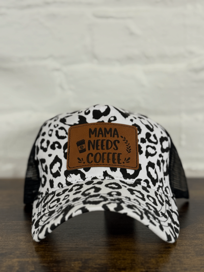 Leopard Print "Mama Needs Coffee" Leather Patch Hat