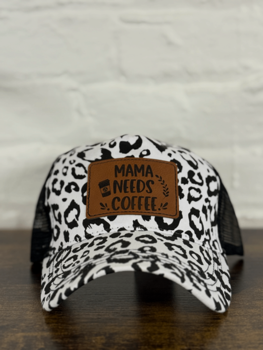 Leopard Print "Mama Needs Coffee" Leather Patch Hat