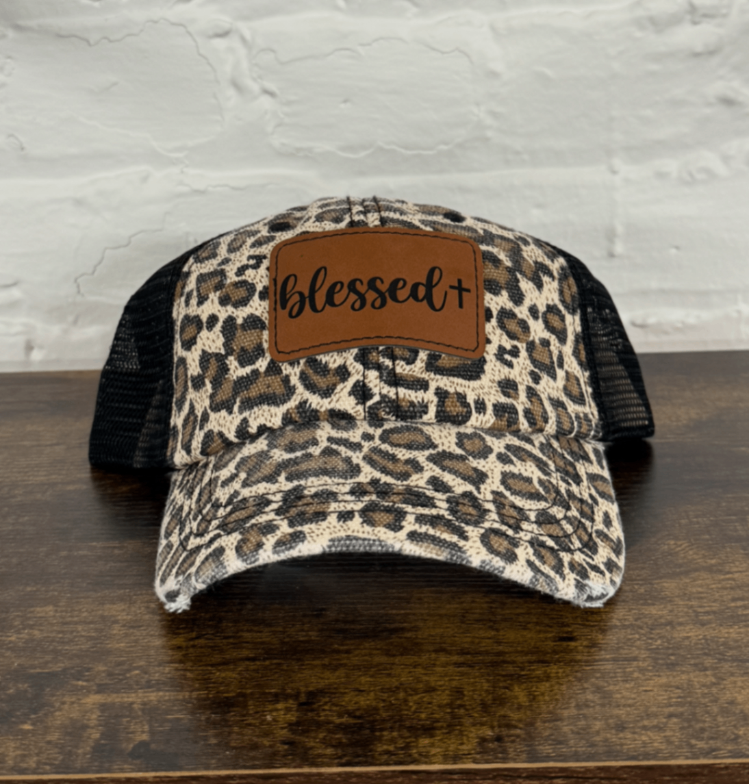 "Blessed" Leopard Print Leather Patch Hat
