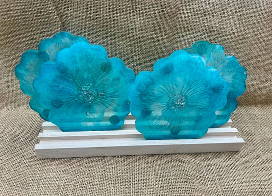 Shimmering Blue Floral Resin Coaster Set