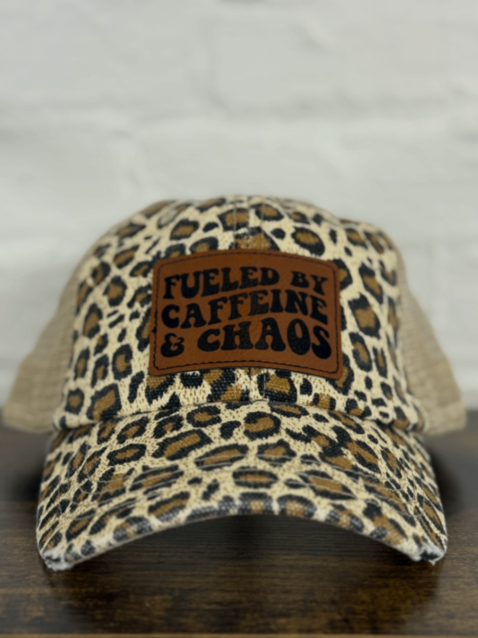 Leopard Print “Fueled by Caffeine & Chaos” Leather Patch Hat
