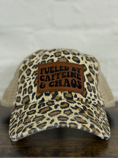 Leopard Print “Fueled by Caffeine & Chaos” Leather Patch Hat