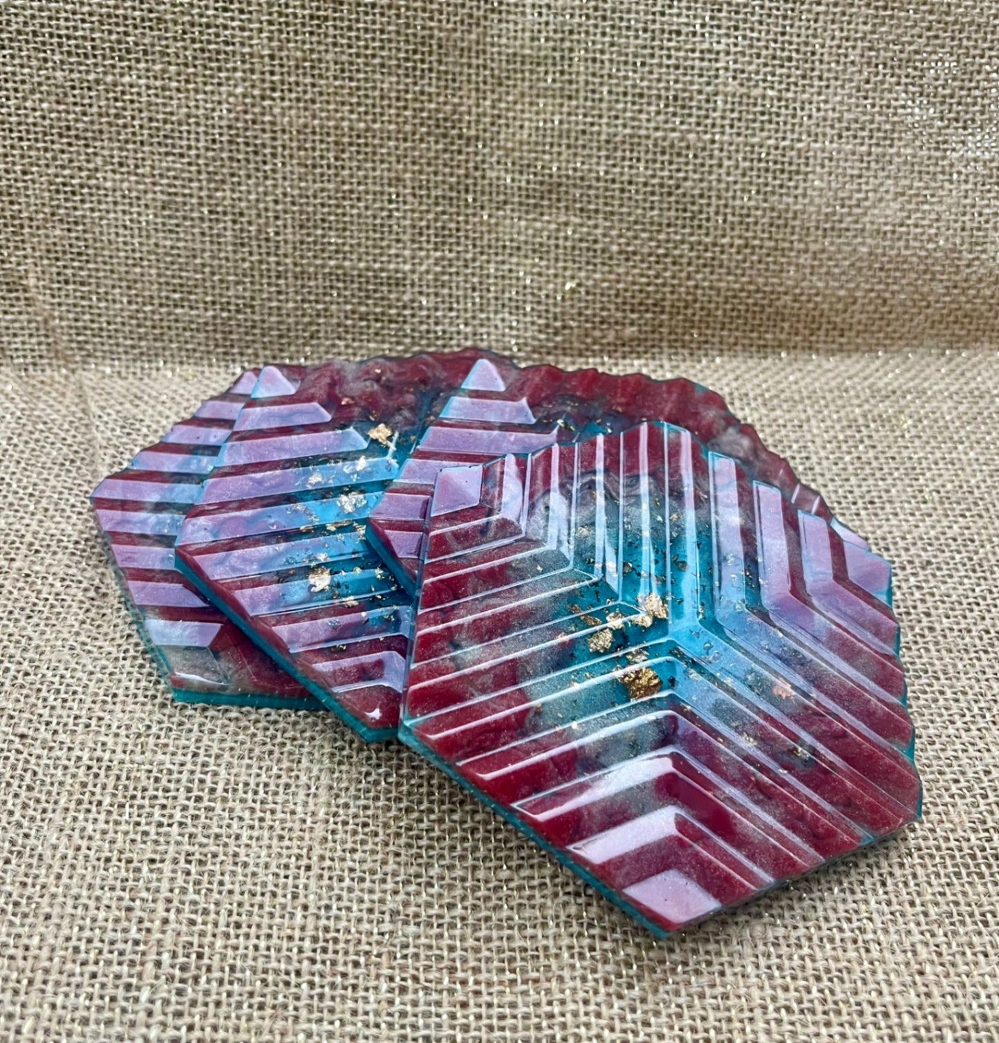 Textured Resin Coaster Set Red & Dark Teal with Gold Flakes