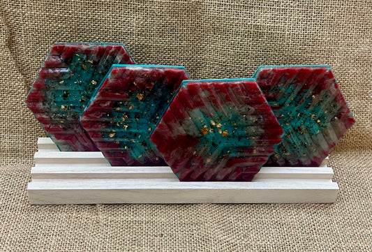 Textured Resin Coaster Set Red & Dark Teal with Gold Flakes