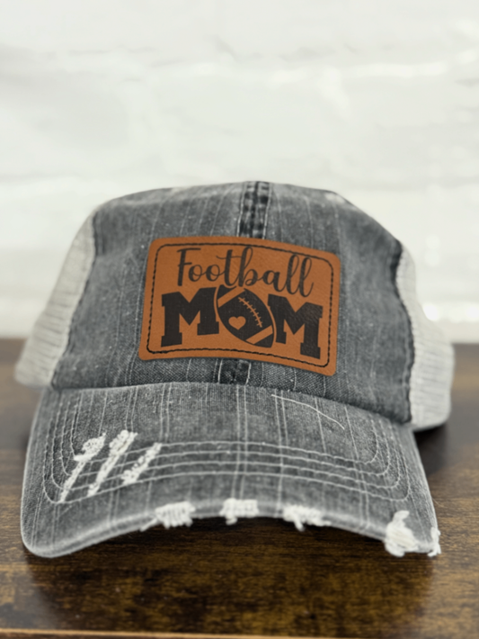 Distressed Gray "Football Mom" Leather Patch Hat
