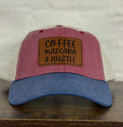 “Coffee, Mascara & Hustle” Leather Patch Trucker Hat