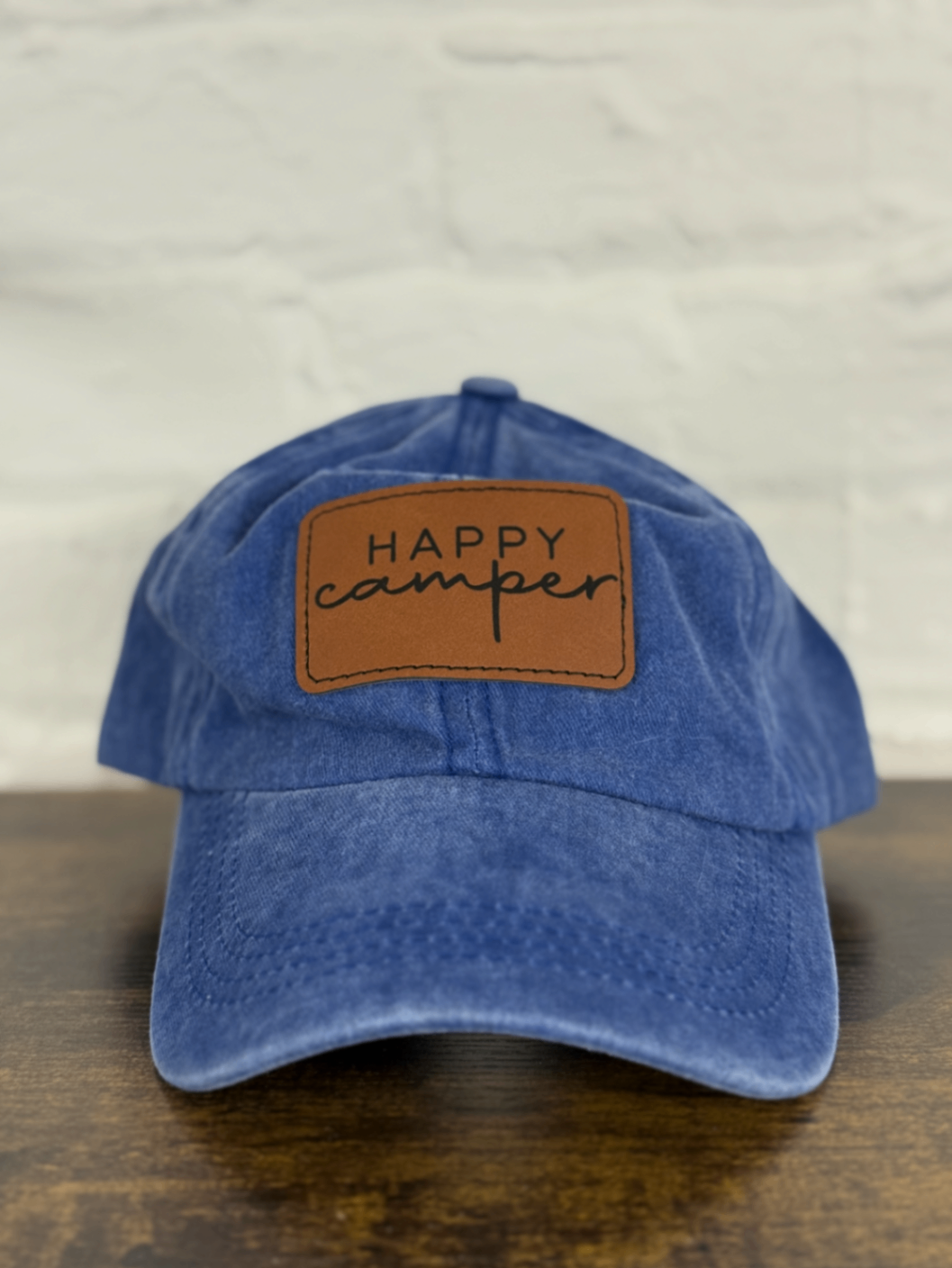 Blue Denim "Happy Camper" Leather Patch Hat