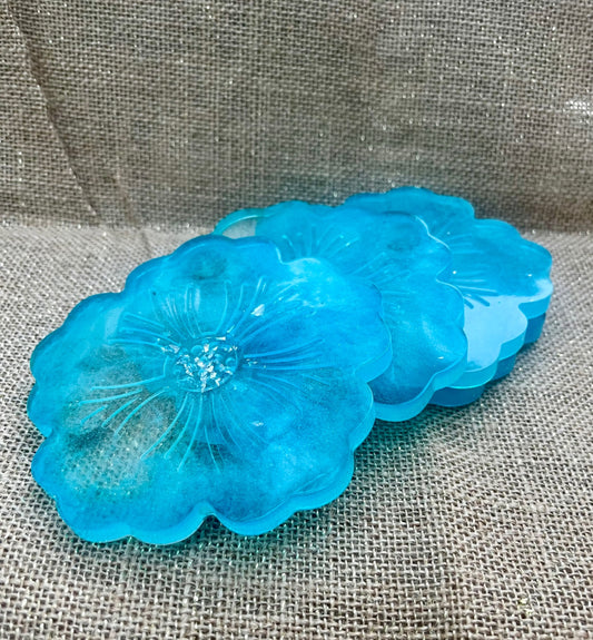 Shimmering Blue Floral Resin Coaster Set