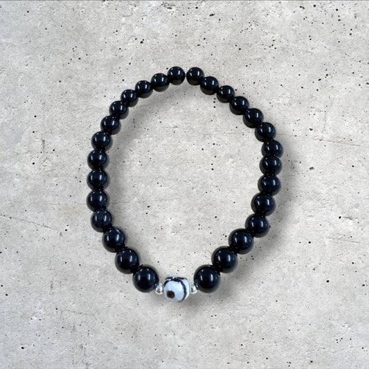 Black Beaded Bracelet with White Marbled Accent