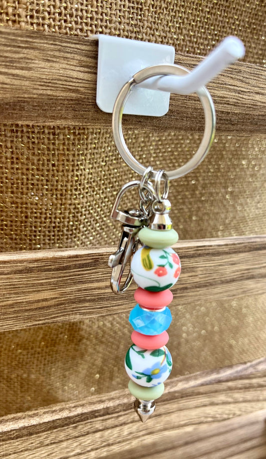 Color Burst Pink and Green Floral Silicone Bead Keychain